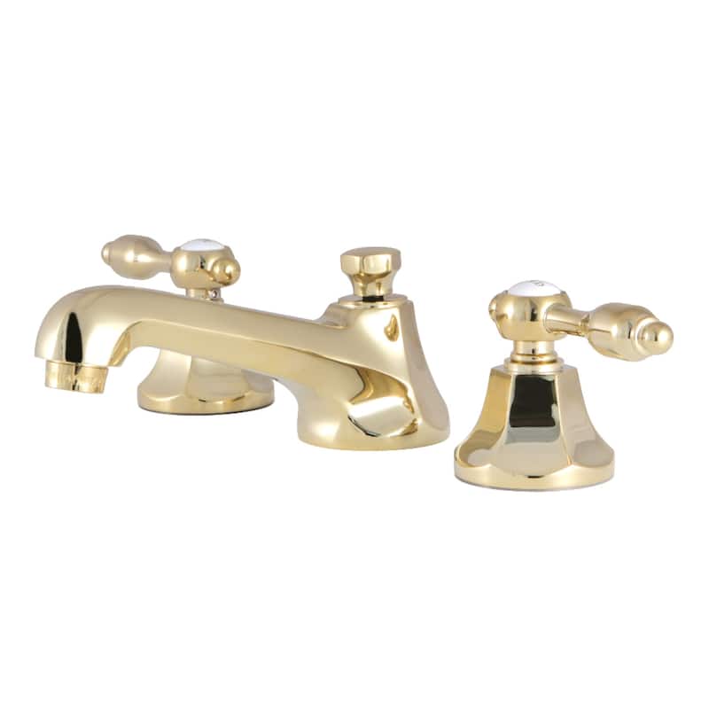 Tudor Widespread Bathroom Faucet with Brass Pop-Up in Brushed Nickel - Polished Brass