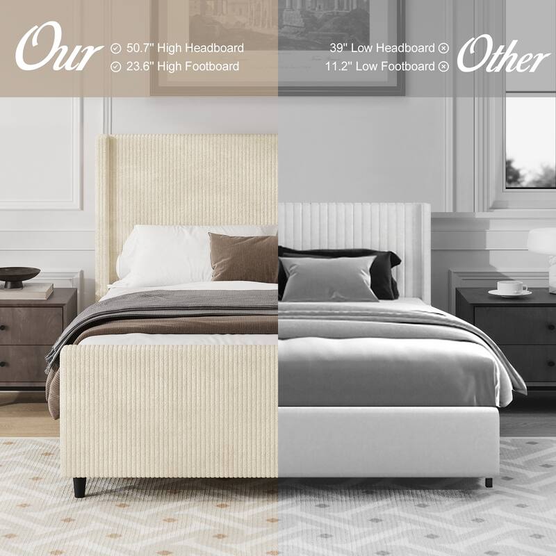 50.7Inch High Headboard Corduroy Upholstered Bed Frame