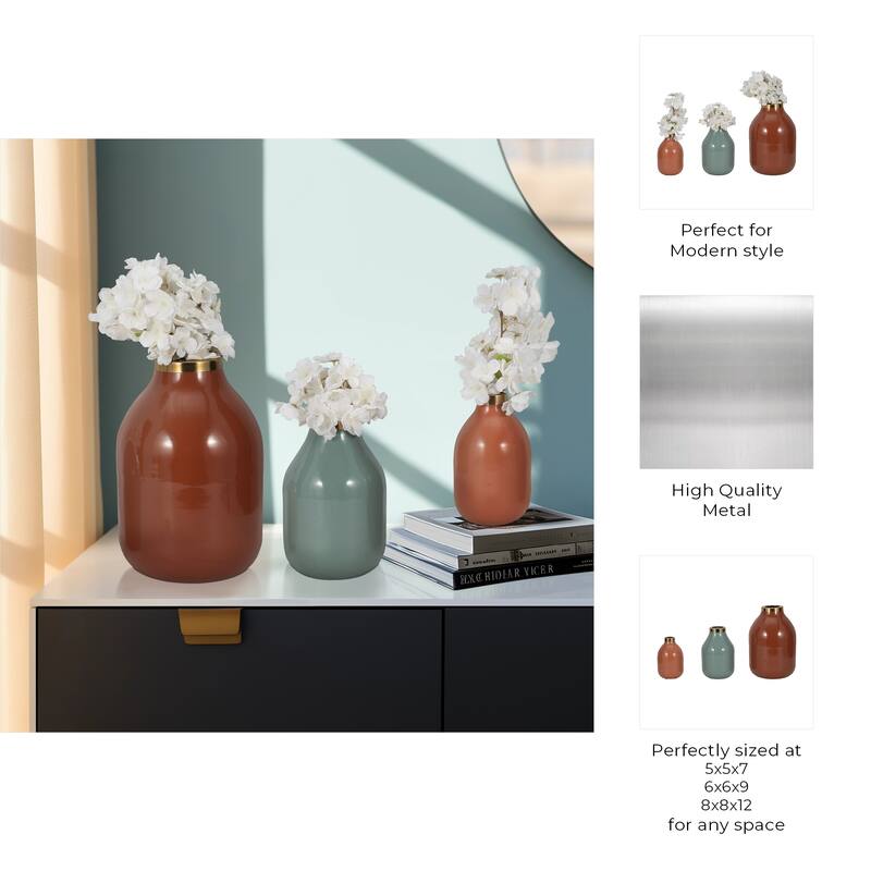 Metal Bottle Vases Set of 3 - Red/Orange, 7/9/12 in.