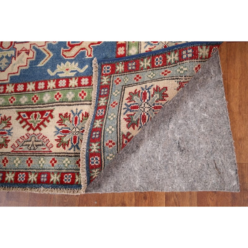 Blue Geometric Kazak Area Rug Hand-Knotted Geometric Wool Carpet - 5'0" x 6'8"