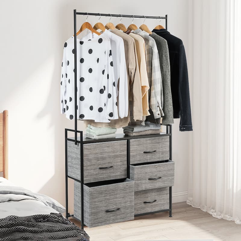 Modern Closet Organizer Fabric Dresser Hanger with 5 Fabric Drawer
