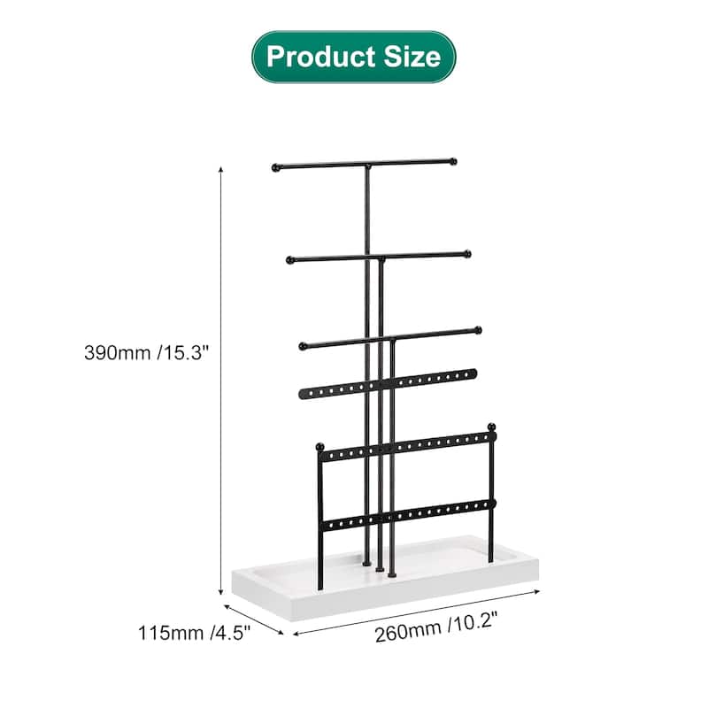 Jewelry Stand Holder, 6 Tier Metal Earring Tower with Wood Tray - Black - Black