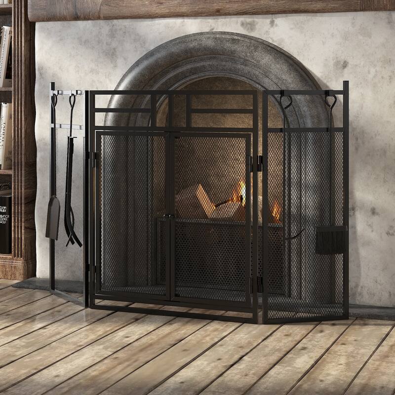 3-Panel Fireplace Screen with Doors and Tools Set, Wrought Iron Mesh Spark Guard for Indoor Fireplace Safety