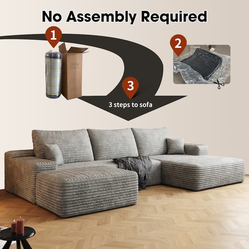 Modern Corduroy Compression Chaise Couch, U-shaped Sectional Sofa with Ottoman and Pillows Backrest for Living Room