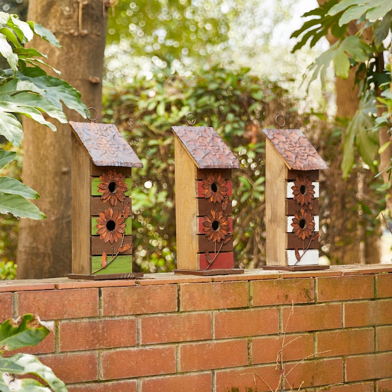 Glitzhome 14.5"H Two-Tiered Distressed Solid Wood Cottage Birdhouse with Flowers - 14.5"