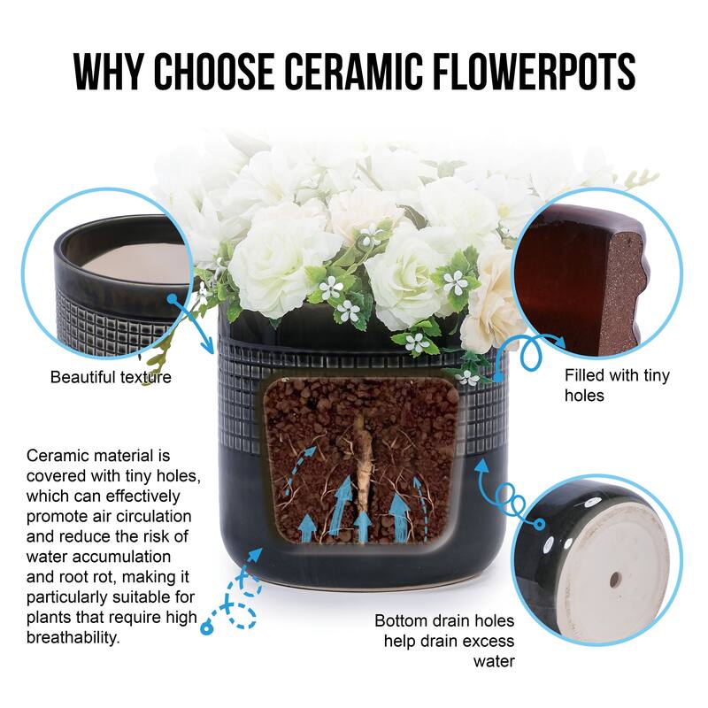 9" Ceramic Flowerpot Garden Modern Patio Grid Planter(Set of 3) - 9.65 in.W x 9.65 in.D x 9.25 in.H