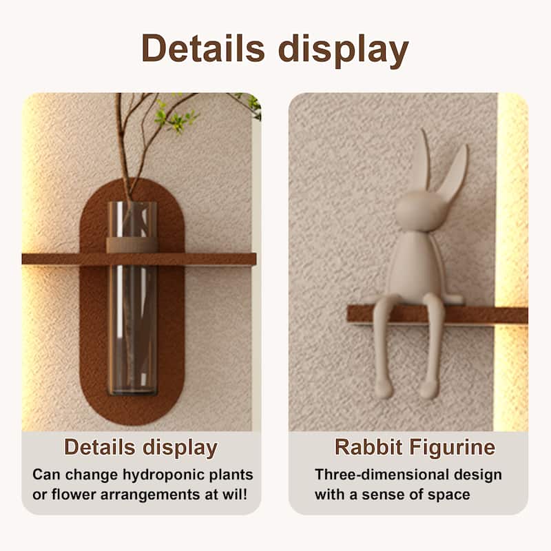Adjustable 3-Color LED Sandstone Wall Decor with Simulated Plants -3D Art Sculpture,Glass Vase & Rabbit Statue,Remote Control