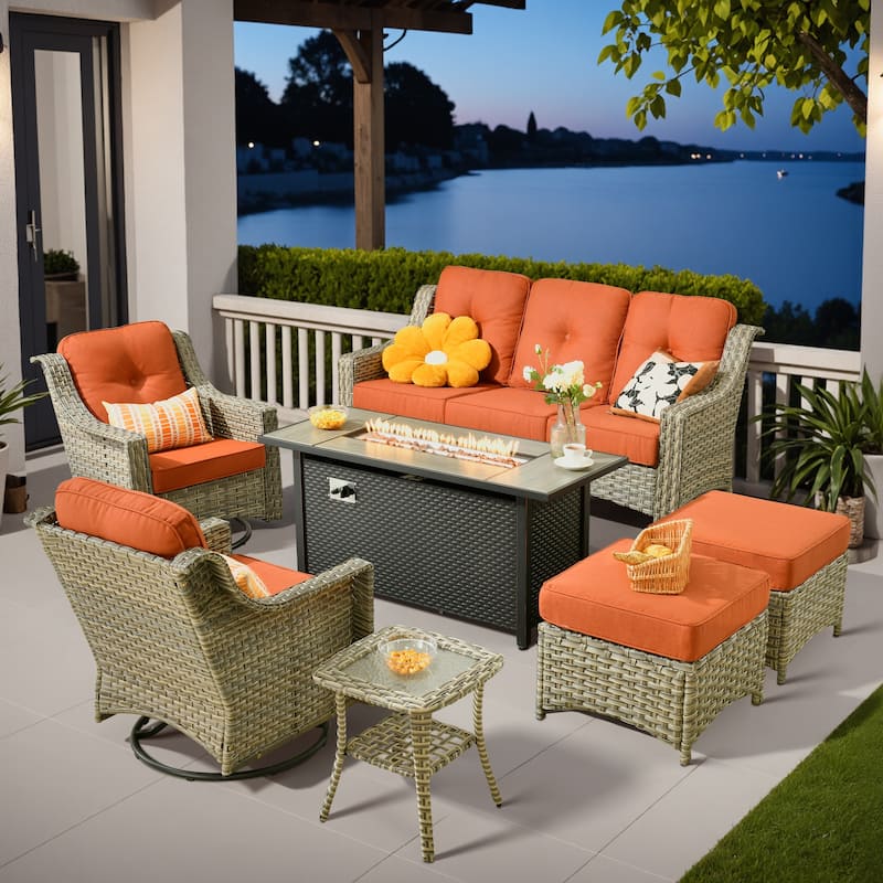 ​​OVIOS 7 Pieces Outdoor Wicker Swivel Chair Set with 54" Fire Table​