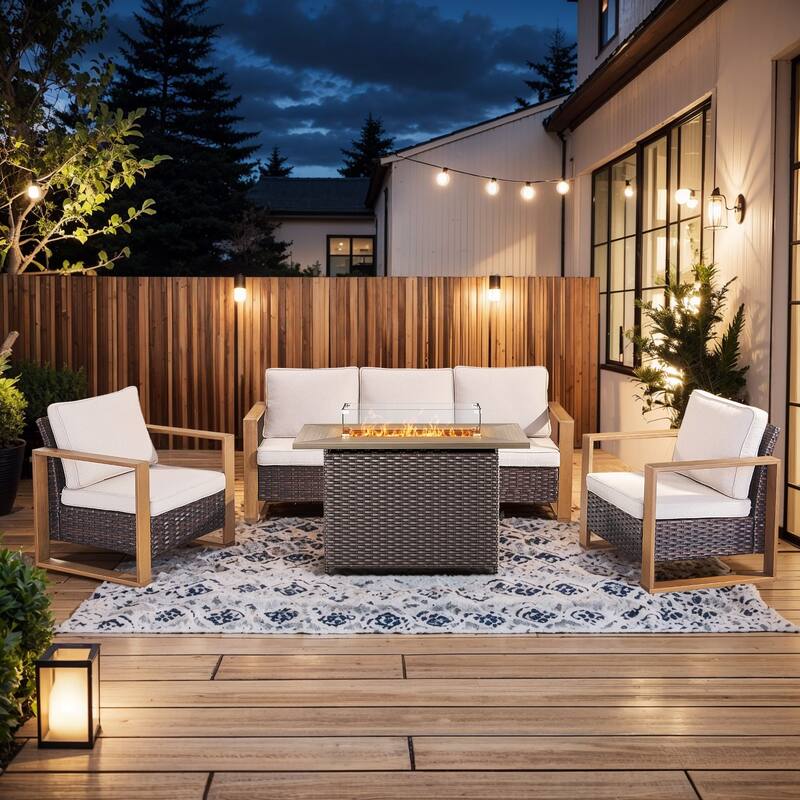 Pocassy 4 Pieces Outdoor Sofa Patio Chair with Fire Pit Table Set - Beige cushion - Brown Wicker
