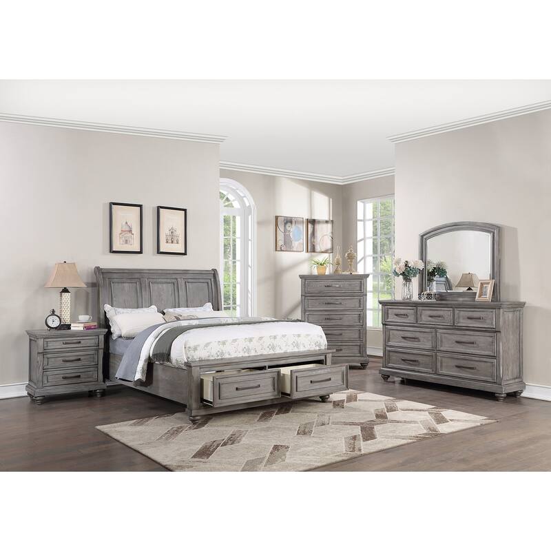 Traditional Style 1pc Bed Set Underbed Drawers Bun Feet Light Gray Finish