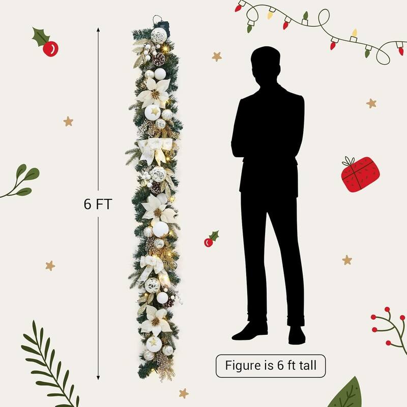 6 ft Pre-Lit Christmas Garland with Lights for Indoor Outdoor Decor, White - N/A