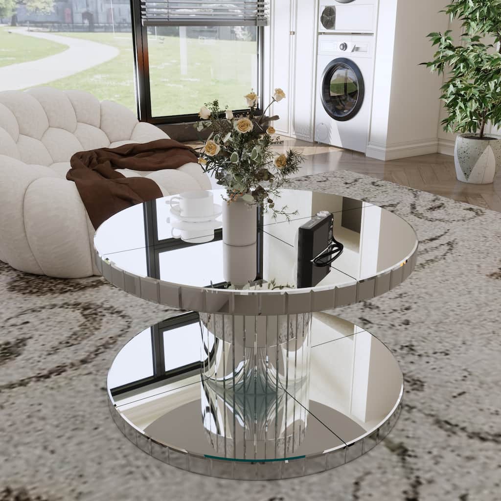 31.5"L Round Mirror Coffee & End Table with Fluted Glass
