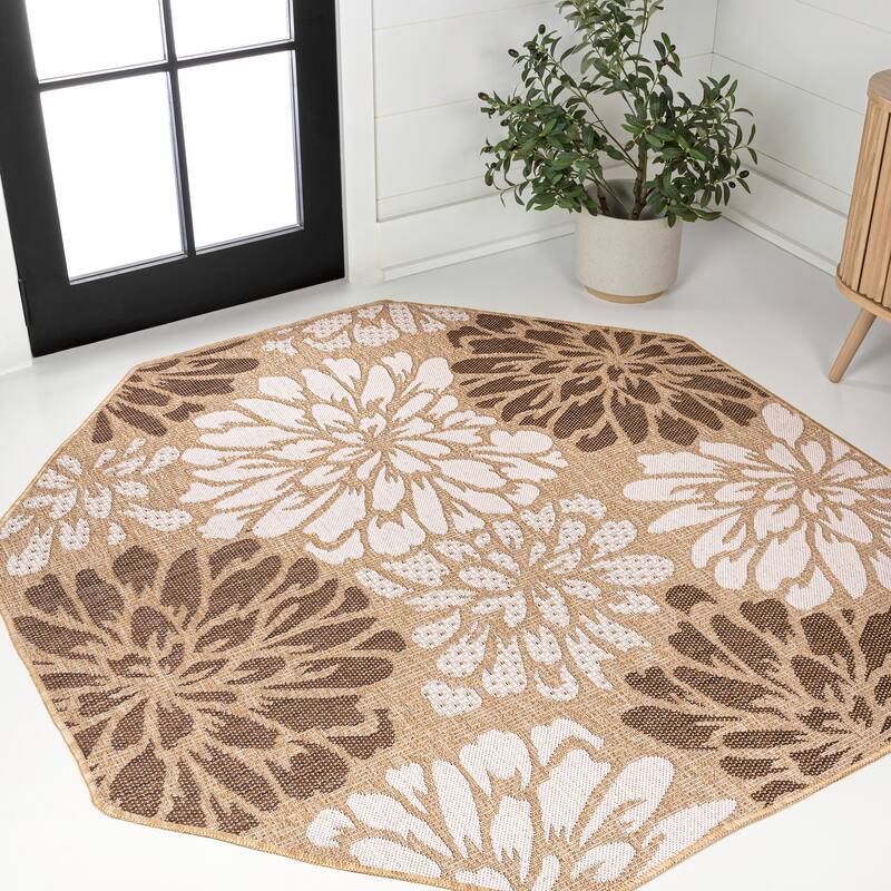 JONATHAN Y Floral Textured Weave Indoor/Outdoor Area Rug - 8' Octagon - Brown/Cream