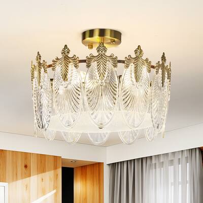 Brass Modern Crystal Luxury Semi Flush Mount Ceiling Light for Bedroom, Bulbs Included