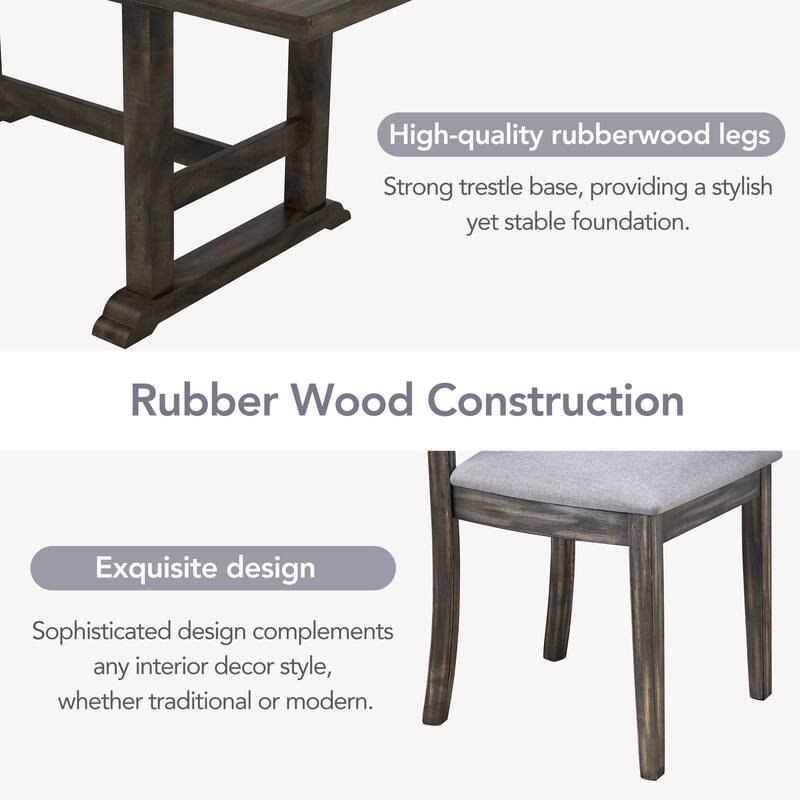 Roomfitters 6-Piece Dining Set, Rectangular Wood Kitchen Table with Trestle Base, 4 Upholstered Chairs and Bench