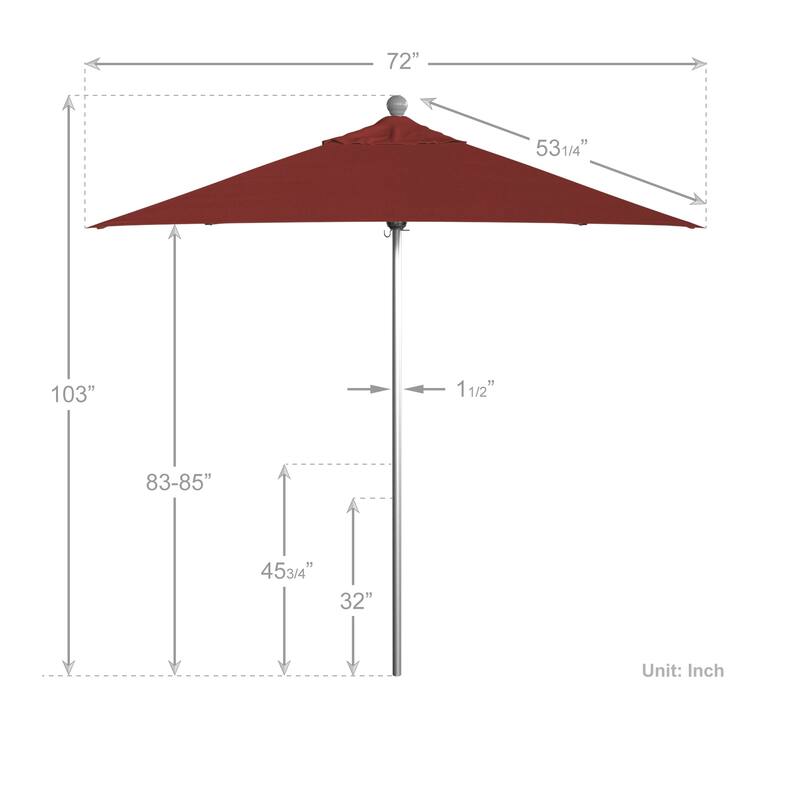 California Umbrella 6' Sq. Aluminum Frame, Fiberglass Rib Patio Umbrella, Push Open, Anodized Sliver Finish, Sunbrella Fabric