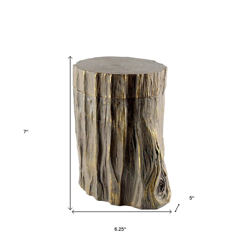 HomeRoots 7" Brown And Gold Resin Modern Abstract Tree Stump Decorative Box - 5.00 in. x 7.00 in. x 6.25 in.