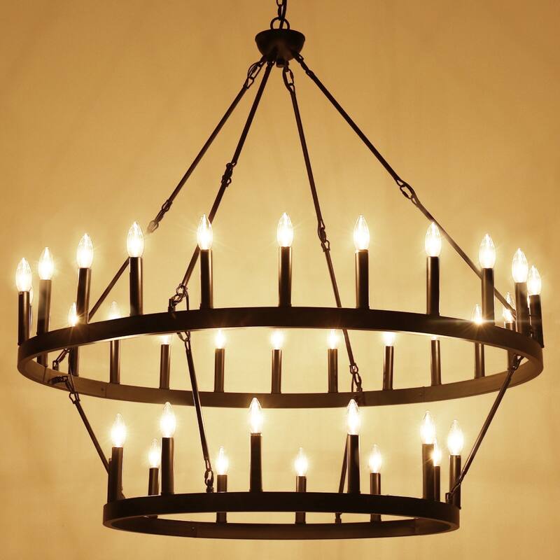 2 Tier Dining Room Light Fixture, Wagon Wheel Chandelier 47/60/70 inch Extra Large, Farmhouse Round Rustic Lighting