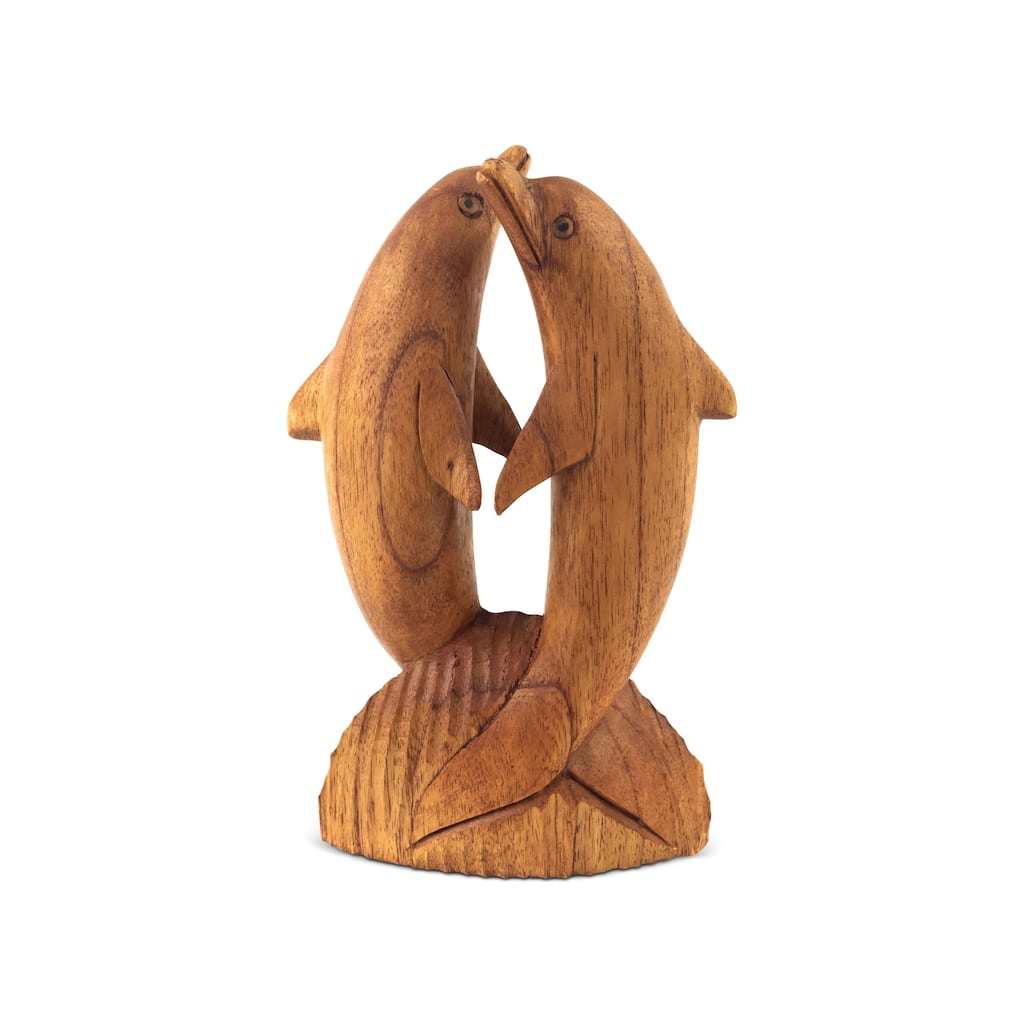 Wooden Hand Carved 2 Jumping Brown Dolphin Statue Wood Home Decor Fish Figurine Handcrafted Handmade Seaside Nautical Coastal