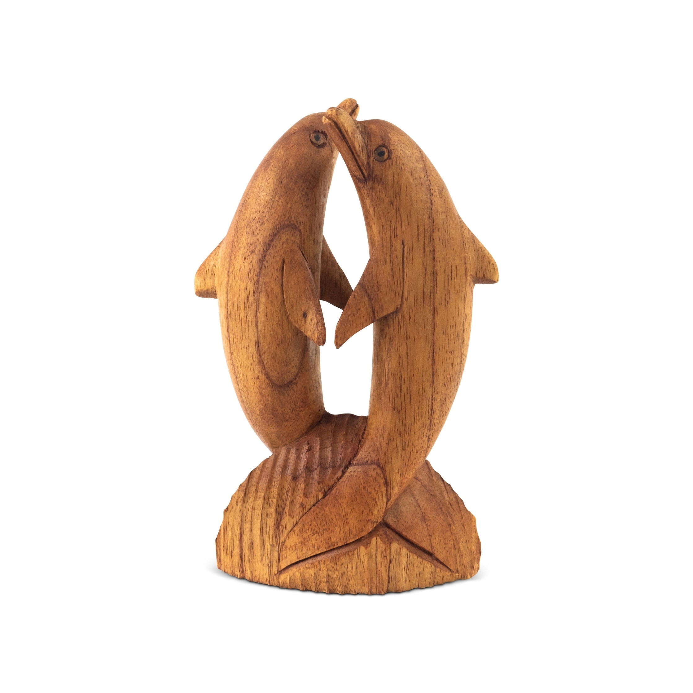 Wooden Hand Carved 2 Jumping Brown Dolphin Statue Wood Home Decor Fish Figurine Handcrafted Handmade Seaside Nautical Coastal