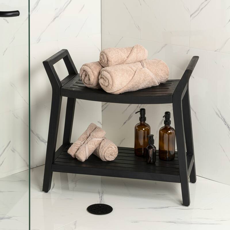 Orla 25.6" Slatted Solid Acacia Wood Indoor/Outdoor Shower Bench, Shelf, Handle, By JONATHAN Y - 25.59L x 12.01W x 23.03H