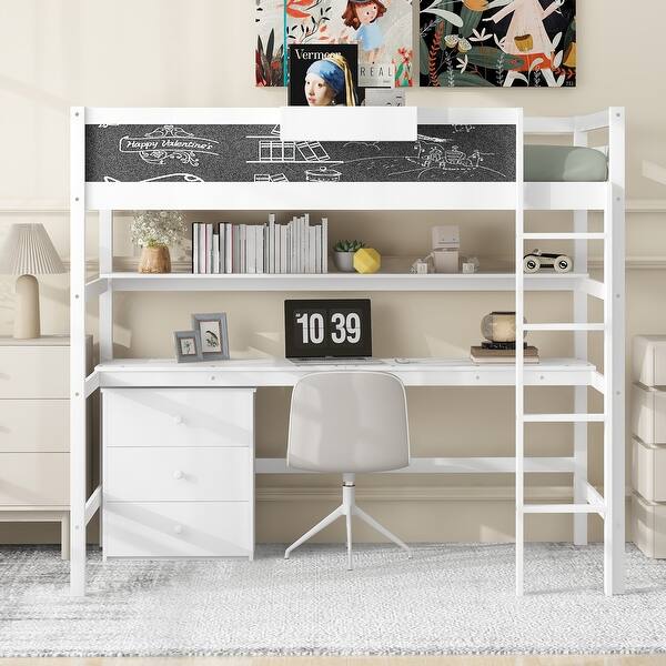 slide 2 of 32, Kid-Friendly Design Twin Size Loft Bed with Desk White