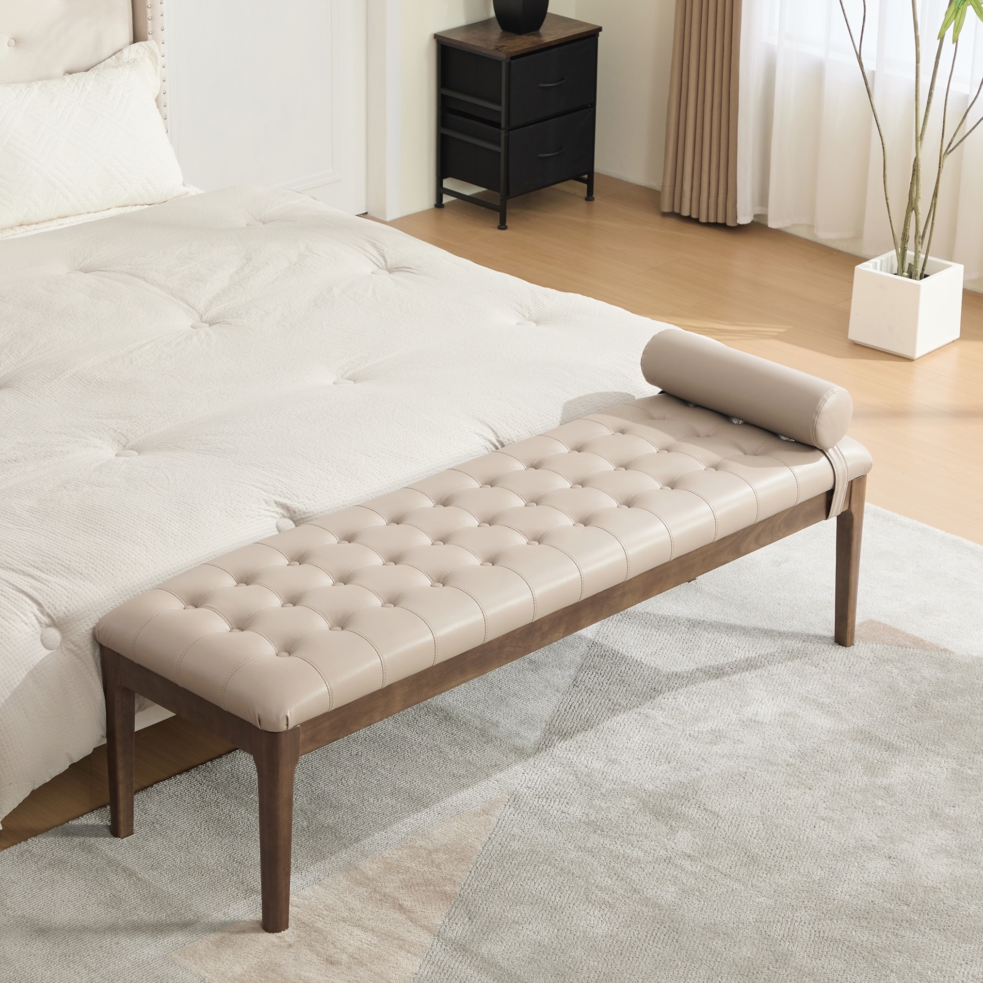 Upholstered End of Bed Bench with Headrest, Button Tufted Accent Window Bench