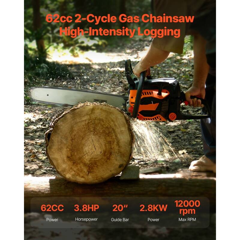 20 Inch Gas Chainsaw 62CC 3.8HP Heavy Duty Power Saw with Easy Start for Logging and Tree Trimming