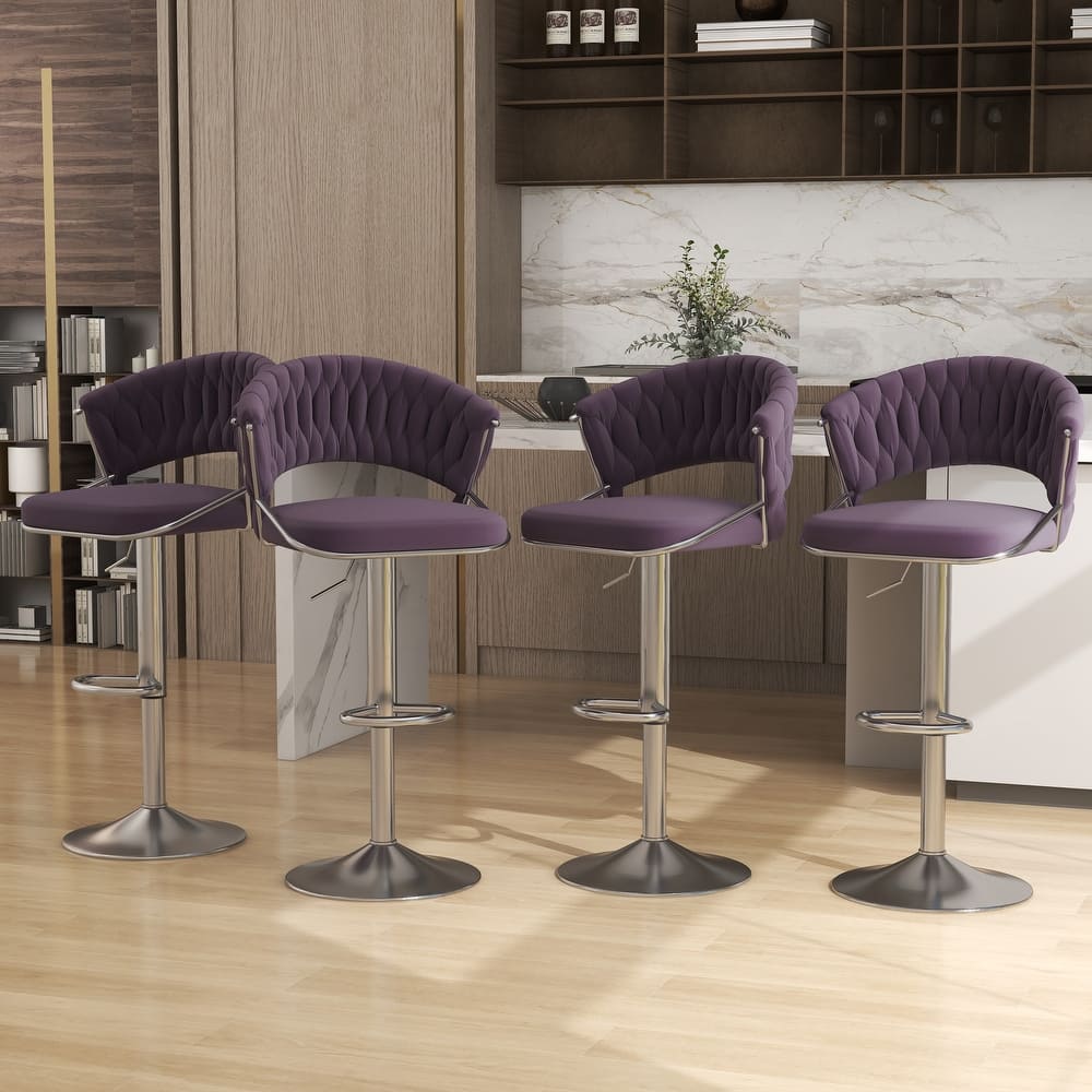 Set of 4 Modern Velvet Adjustable Bar Stools with Backs