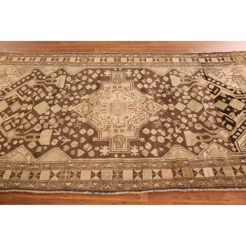Hand Knotted Oriental 100% Wool Carpet Traditional Tribal Brown Hamedan Runner Rug - 9' 8'' X 4' 0''