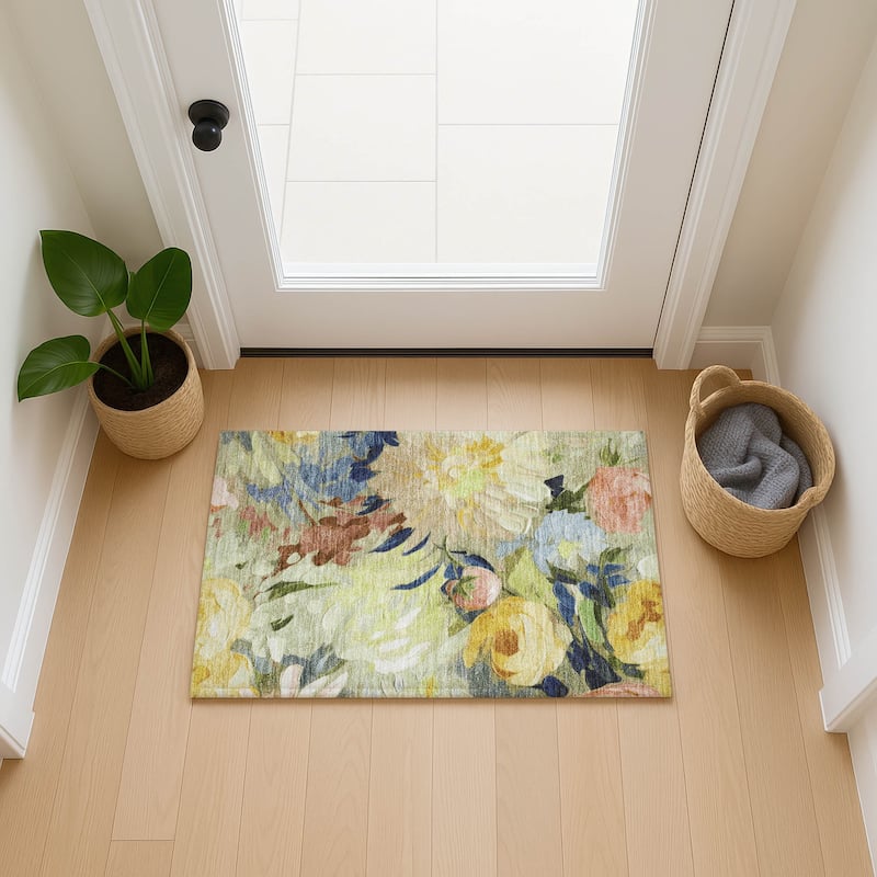 Machine Washable Indoor/ Outdoor Watercolor Floral Chantille Rug