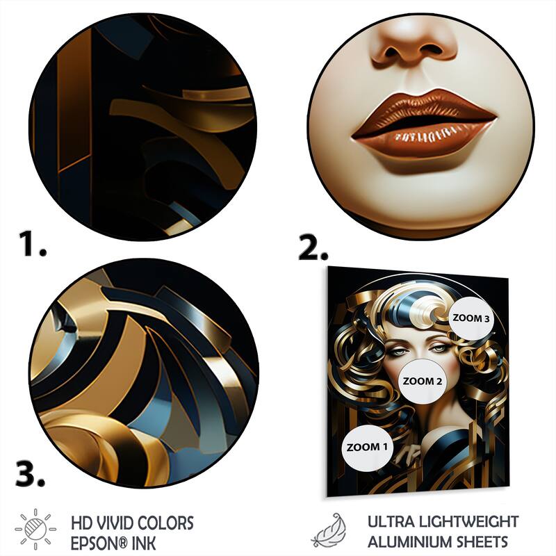 Designart "Black And Gold Glam Fashion Woman Portrait II" Woman Glam Black Metal Wall Art - Glam Metal Art Work