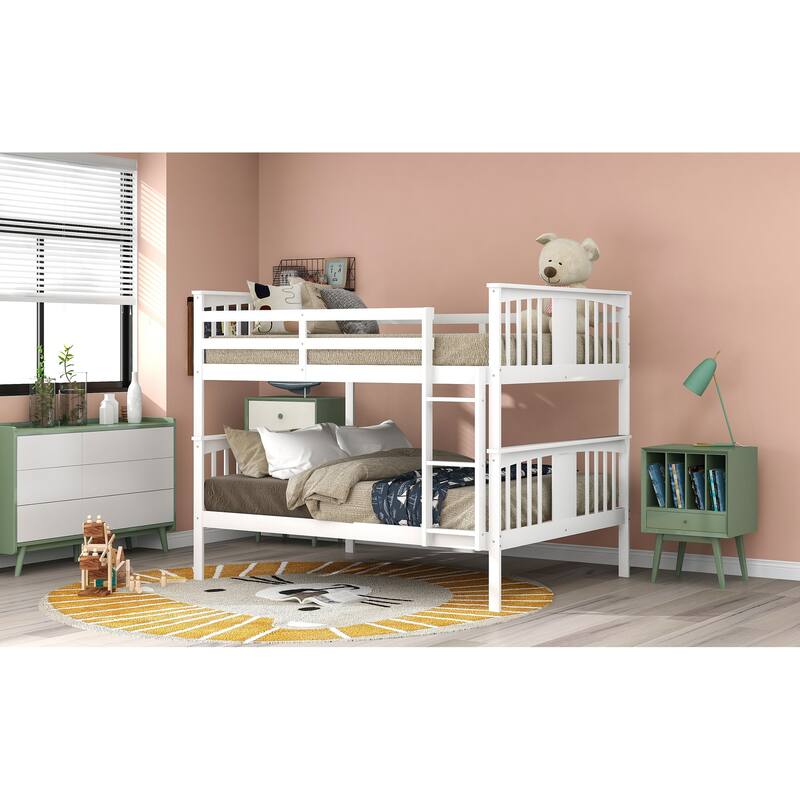 Full Over Full Bunk Bed with Ladder, Convertible to Two Full Beds, Solid Pine Frame, White
