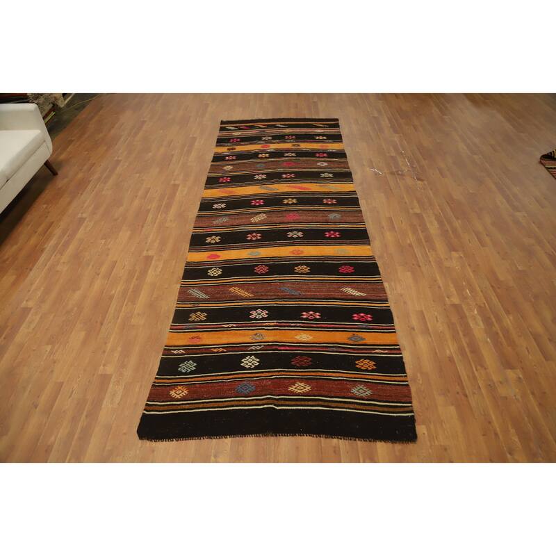Hand Woven Oriental 100% Wool Carpet Southwestern Tribal Multi-Colored Kilim Runner Rug - 12' 5'' X 4' 3''