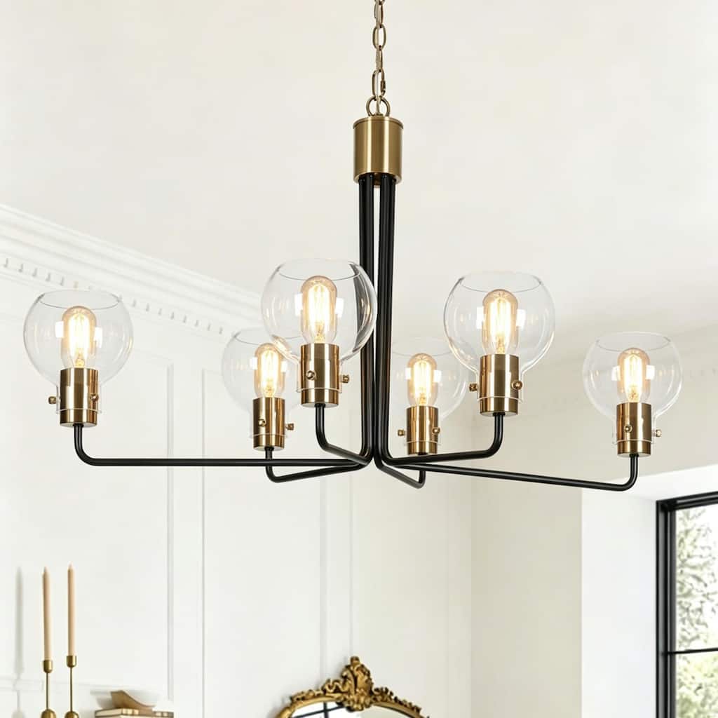 Modern 6-Light Black Gold Wheel Chandeliers Globe Glass Pendant Light for Dining Room