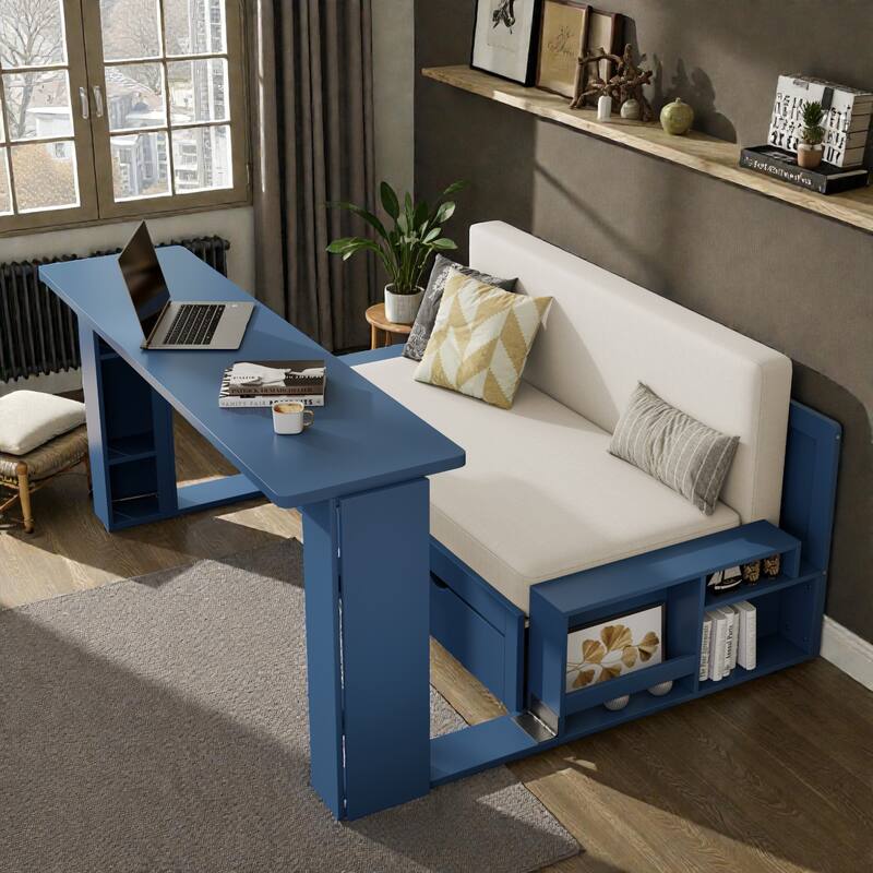 Full Size Daybed with Removable Desk, Storage Drawers & Hydraulic Side Table, Multi-Functional Sofa Bed for Small Spaces