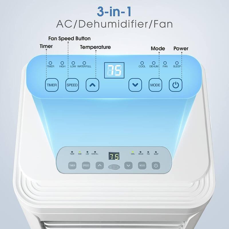 8,000 BTU Portable AC Unit, Remote Control, 3-in-1 Air Conditioner, Digital Display, 24Hrs Timer, White