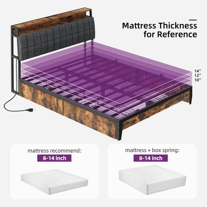 Upholstered Platform Bed with Charging Station and Storage Headboard