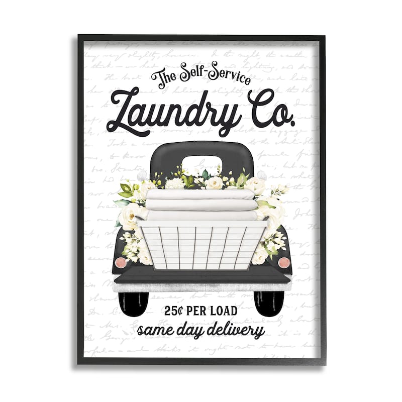 Stupell Laundry Co. White Flower Bouquet Truck Service Framed Wall Art, Design by Lettered and Lined - Grey - 16 x 20 - Black