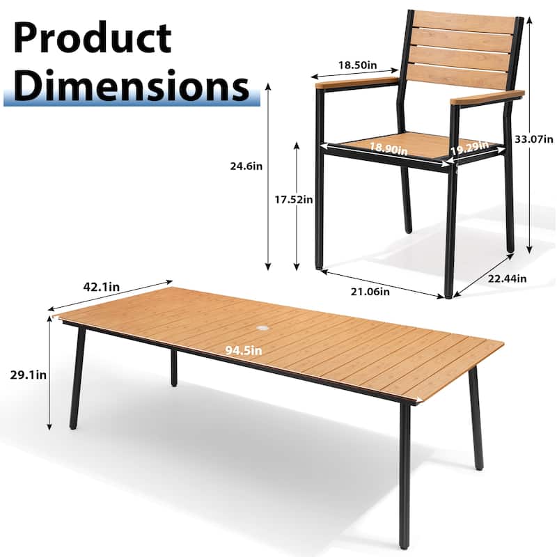 7/9-piece Outdoor Aluminum Rectangle Patio Dining Table with Umbrella Hole and Chairs