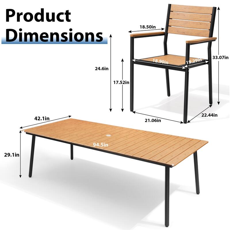 9-Piece Outdoor Patio Dining Set Wood-Like Table Top Alumium Umbrella Hole Table with Stackable Armrest Dining Chairs
