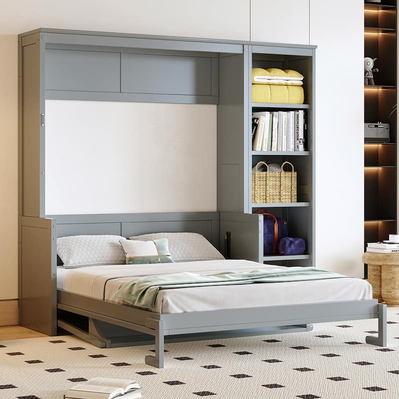 Murphy Bed with Bookshelf, Foldable Platform Bed with Desk, Storage Bed