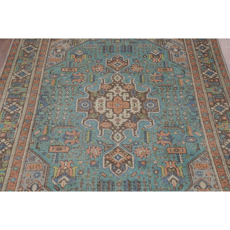 Light Blue Geometric Tabriz Persian Vintage Rug Handmade Wool Carpet - 6'4" x 9'4"