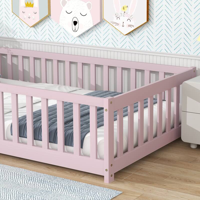 Twin Size Floor Bed with Fence and Door,Rubber Wood Floor Bed with Safety Guardrails
