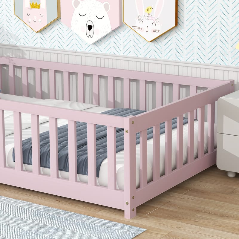 Twin Size Rubber Wood Floor Panel Bed with Safety Fence and Door