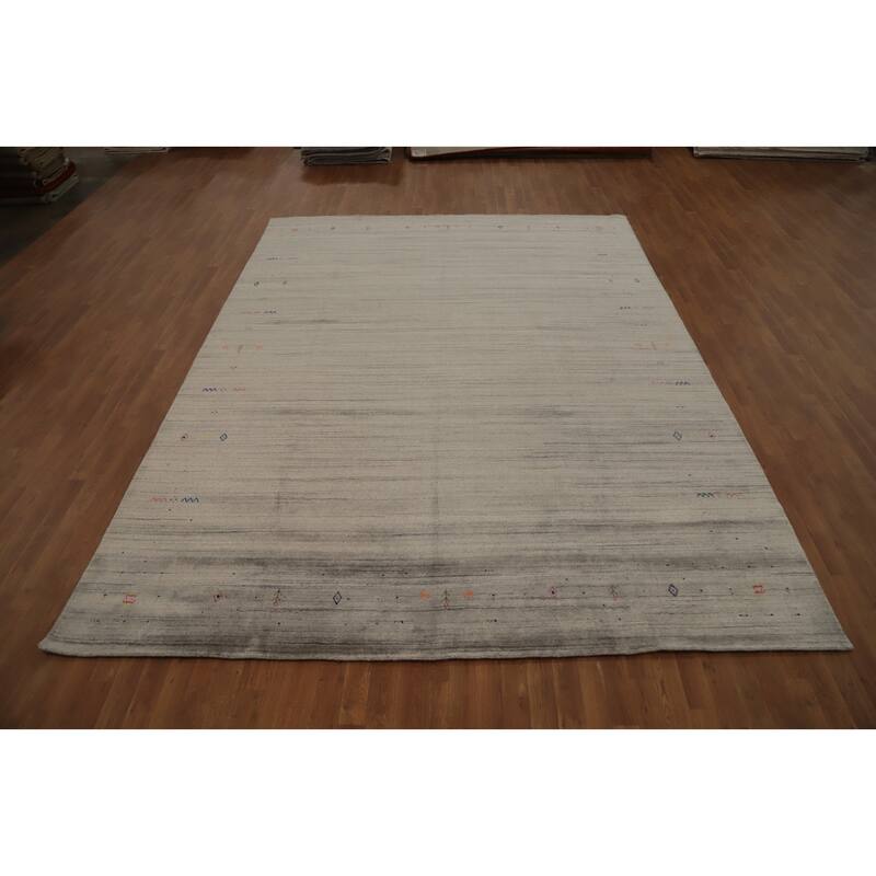 Hand Knotted Oriental Viscose Silk Carpet Tribal Animal Pictorial Greys & Charcoal Gabbeh Area Rug - 11' 10'' X 8' 11''