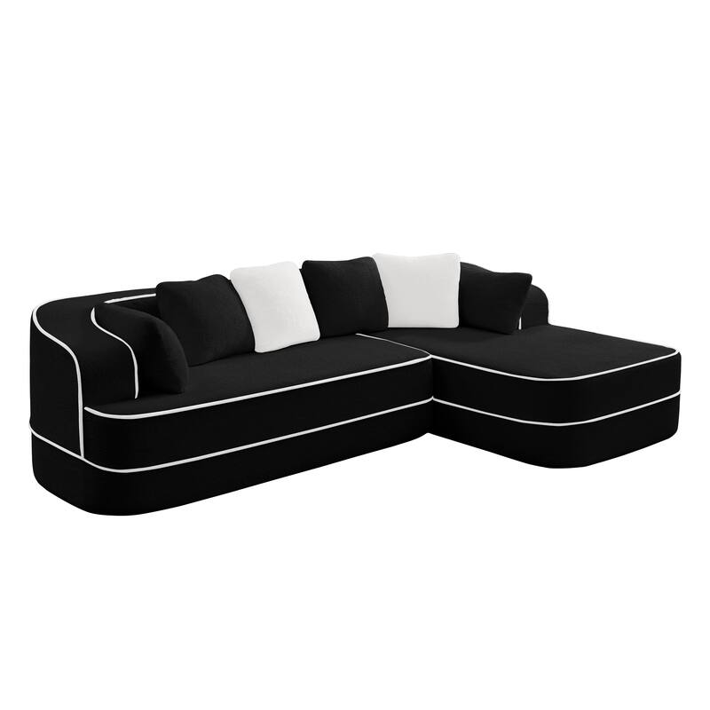 Teddy Fabric Contrast Sofa for Living Room, Upholstered Sectional Couch with L-Shaped Chaise, Boneless Couch with Throw Pillows