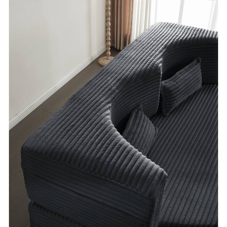 Modern 78" Full Size Convertible Corduroy Foam-Filled Sleeper Sofa,Modern Floor Sofa with 2 Pillows