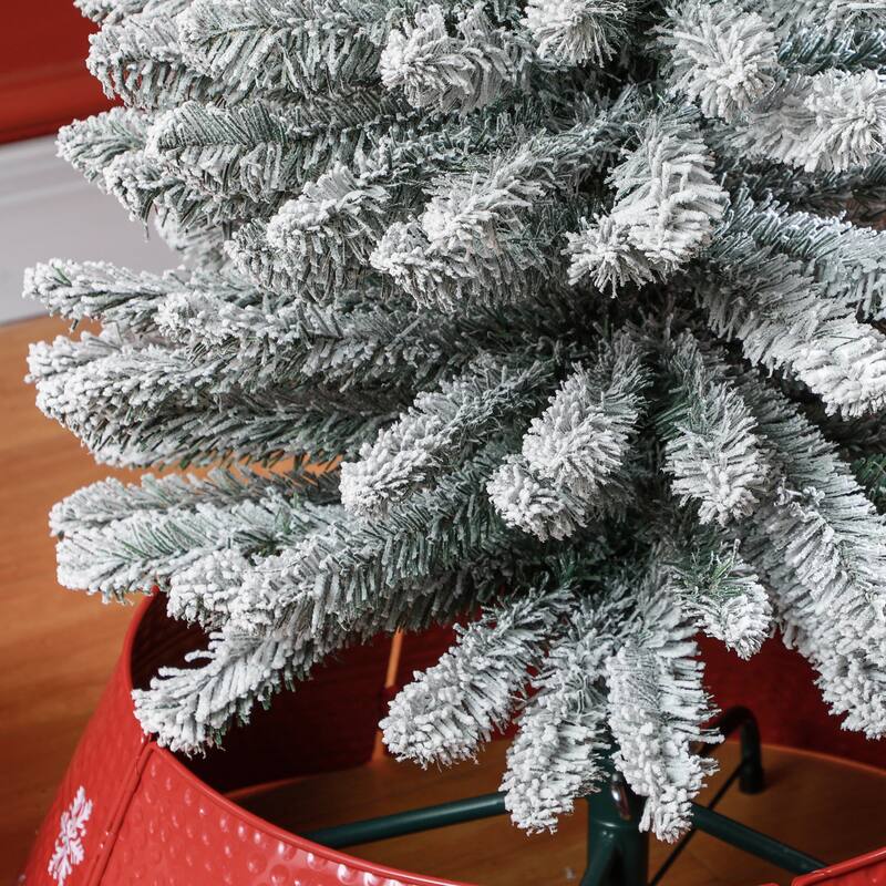 Pre-Lit Snow Flocked Artificial Christmas Tree with Hinged Sections & Metal Stand for Quick Setup, 5ft, 6ft, 8ft, 9ft