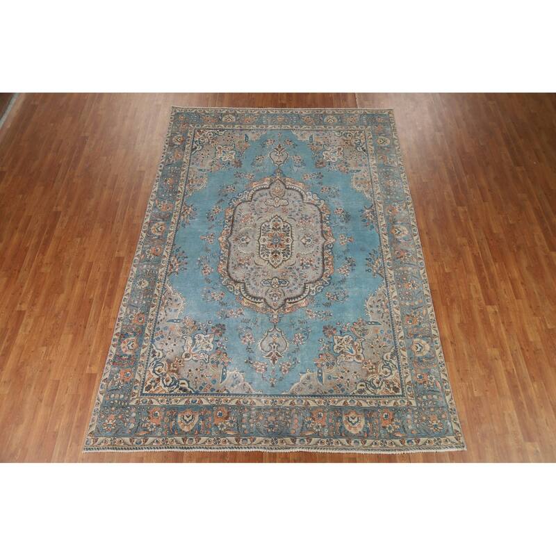 Light Blue Medallion Tabriz Persian Rug Hand-Knotted Wool Carpet - 7'9"x 11'3"